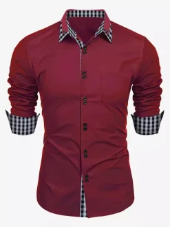 Casual Shirts For Men Double Buttons Slim Fit Turndown Collar Long Sleeve Plaid Men's Shirts