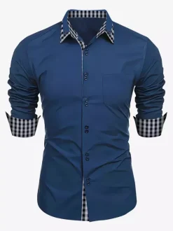 Casual Shirts For Men Double Buttons Slim Fit Turndown Collar Long Sleeve Plaid Men's Shirts