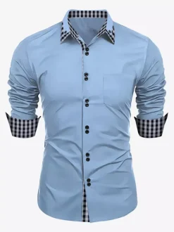 Casual Shirts For Men Double Buttons Slim Fit Turndown Collar Long Sleeve Plaid Men's Shirts