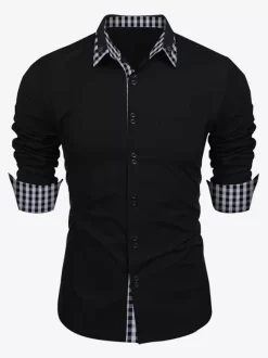 Casual Shirts For Men Double Buttons Slim Fit Turndown Collar Long Sleeve Plaid Men's Shirts