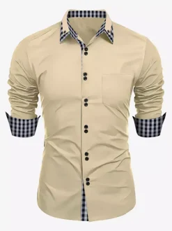 Casual Shirts For Men Double Buttons Slim Fit Turndown Collar Long Sleeve Plaid Men's Shirts