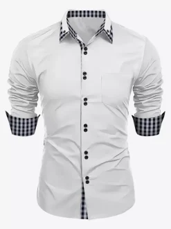 Casual Shirts For Men Double Buttons Slim Fit Turndown Collar Long Sleeve Plaid Men's Shirts