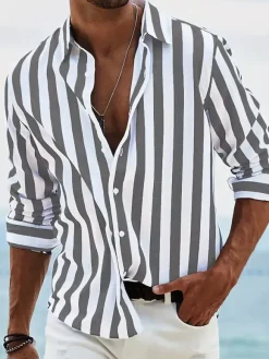 Casual Shirts For Men Turndown Collar Stripes Long Sleeve Men's Shirts