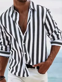Casual Shirts For Men Turndown Collar Stripes Long Sleeve Men's Shirts