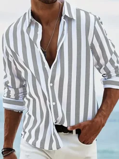Casual Shirts For Men Turndown Collar Stripes Long Sleeve Men's Shirts