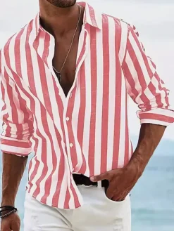 Casual Shirts For Men Turndown Collar Stripes Long Sleeve Men's Shirts