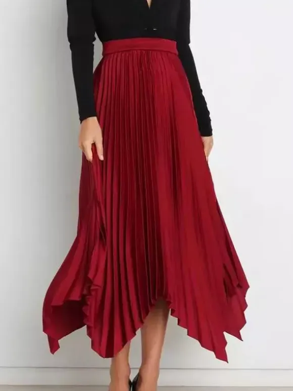 Casual Skirt Vintage Accordion Pleats Handkerchief Long Skirt In Burgundy