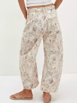 Cat Print Barrel Jeans For Women - Neutral Beige Retro Horseshoe Wide Leg Denim Trousers - Spring Casual Streetwear 2026