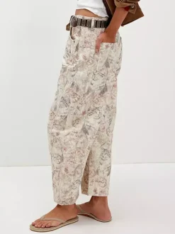 Cat Print Barrel Jeans For Women - Neutral Beige Retro Horseshoe Wide Leg Denim Trousers - Spring Casual Streetwear 2026