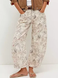 Cat Print Barrel Jeans For Women - Neutral Beige Retro Horseshoe Wide Leg Denim Trousers - Spring Casual Streetwear 2026