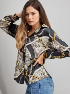 Chain Print Satin Long Sleeve Button Down Shirt Front Tie Cropped Blouse
