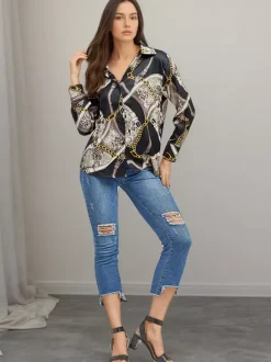 Chain Print Satin Long Sleeve Button Down Shirt Front Tie Cropped Blouse