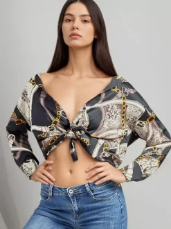 Chain Print Satin Long Sleeve Button Down Shirt Front Tie Cropped Blouse