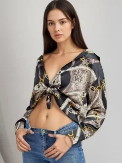 Chain Print Satin Long Sleeve Button Down Shirt Front Tie Cropped Blouse