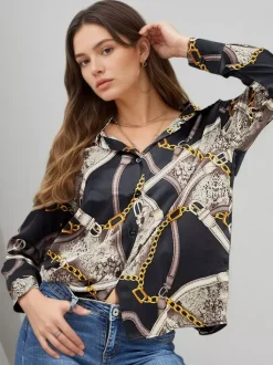 Chain Print Satin Long Sleeve Button Down Shirt Front Tie Cropped Blouse