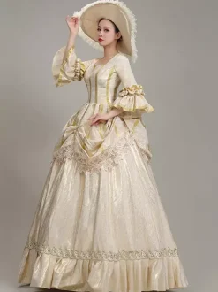 Champagne Retro Tudor Dress Costumes Women's Lace Ruffles Polyester Tunic Hat Dress Euro-Style Marie Antoinette Costume Vintage Clothing