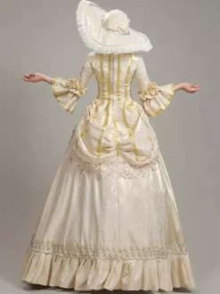 Champagne Retro Tudor Dress Costumes Women's Lace Ruffles Polyester Tunic Hat Dress Euro-Style Marie Antoinette Costume Vintage Clothing
