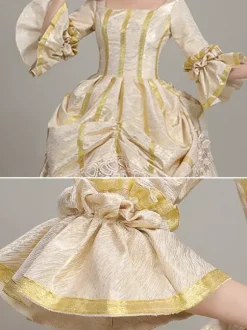 Champagne Retro Tudor Dress Costumes Women's Lace Ruffles Polyester Tunic Hat Dress Euro-Style Marie Antoinette Costume Vintage Clothing