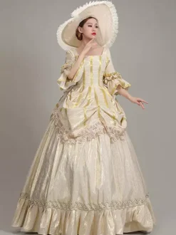 Champagne Retro Tudor Dress Costumes Women's Lace Ruffles Polyester Tunic Hat Dress Euro-Style Marie Antoinette Costume Vintage Clothing