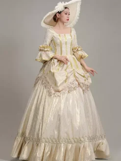 Champagne Retro Tudor Dress Costumes Women's Lace Ruffles Polyester Tunic Hat Dress Euro-Style Marie Antoinette Costume Vintage Clothing