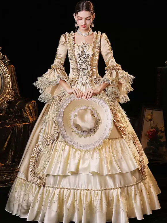 Champagne Retro Tudor Dress Costumes Women's Polyester Dress Euro-Style Marie Antoinette Costume Party Prom Dress
