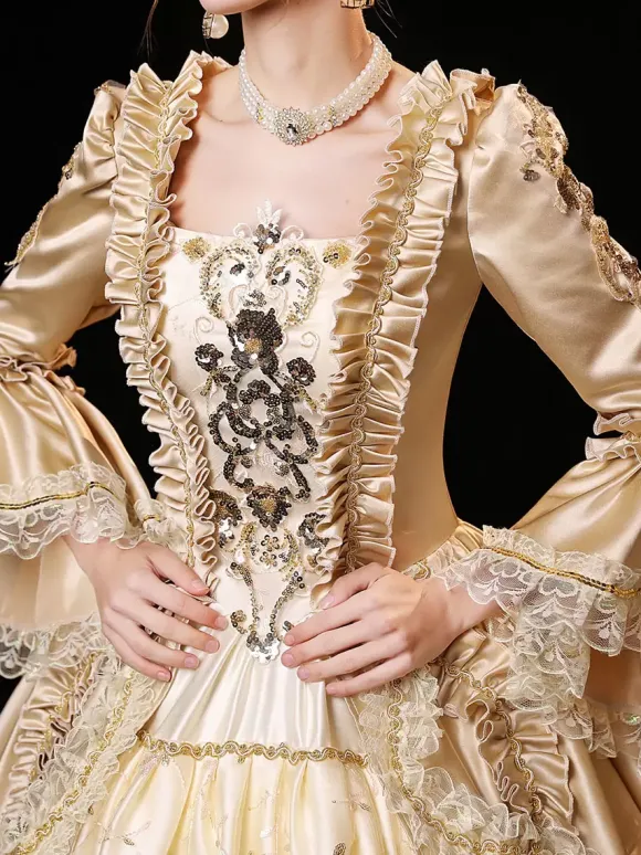 Champagne Retro Tudor Dress Costumes Women's Polyester Dress Euro-Style Marie Antoinette Costume Party Prom Dress