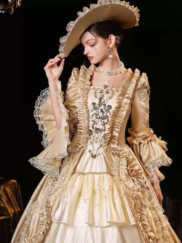 Champagne Retro Tudor Dress Costumes Women's Polyester Dress Euro-Style Marie Antoinette Costume Party Prom Dress