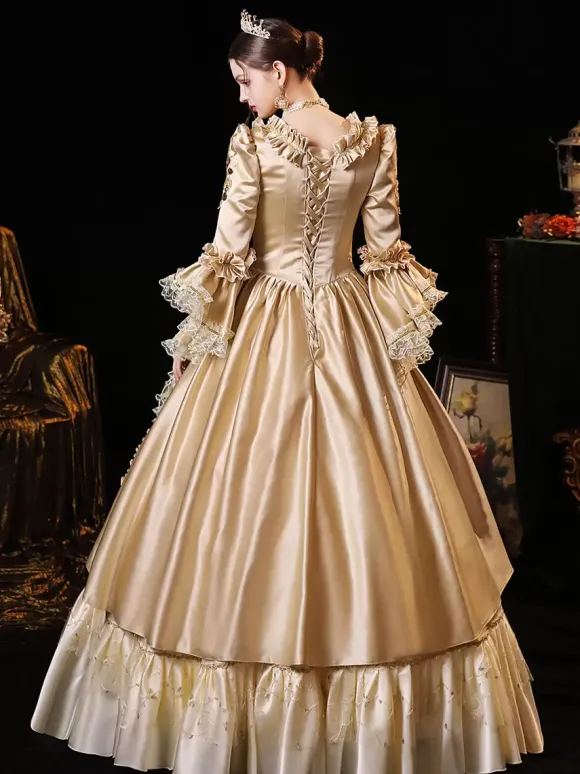 Champagne Retro Tudor Dress Costumes Women's Polyester Dress Euro-Style Marie Antoinette Costume Party Prom Dress