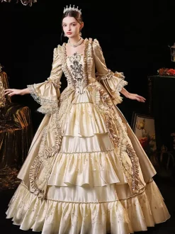 Champagne Retro Tudor Dress Costumes Women's Polyester Dress Euro-Style Marie Antoinette Costume Party Prom Dress