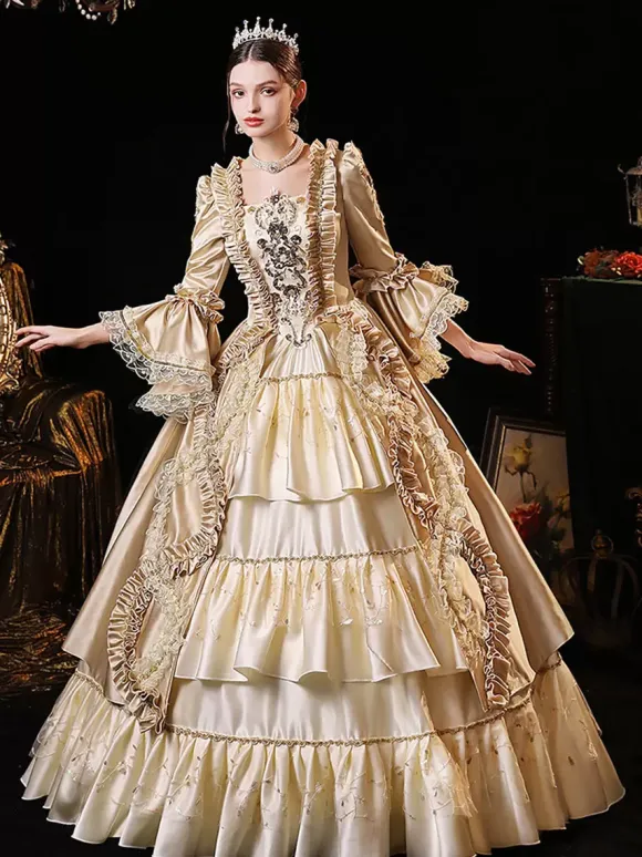 Champagne Retro Tudor Dress Costumes Women's Polyester Dress Euro-Style Marie Antoinette Costume Party Prom Dress