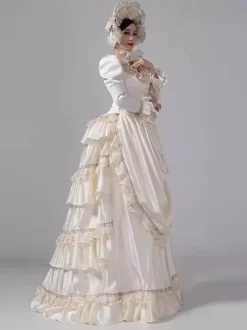Champagne Bustle Victorian Dress Long Sleeves Lace Ruffles Flare Sleeves Retro Dress With Hat