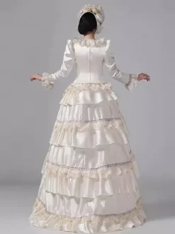 Champagne Bustle Victorian Dress Long Sleeves Lace Ruffles Flare Sleeves Retro Dress With Hat