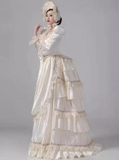 Champagne Bustle Victorian Dress Long Sleeves Lace Ruffles Flare Sleeves Retro Dress With Hat
