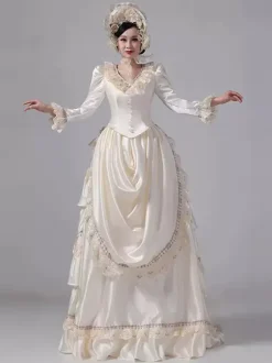Champagne Bustle Victorian Dress Long Sleeves Lace Ruffles Flare Sleeves Retro Dress With Hat