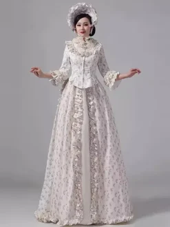 Champagne Bustle Victorian Dress Floral Long Sleeves Countryside Polyester Maxi Retro Dress With Hat