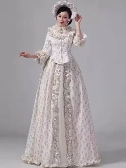 Champagne Bustle Victorian Dress Floral Long Sleeves Countryside Polyester Maxi Retro Dress With Hat