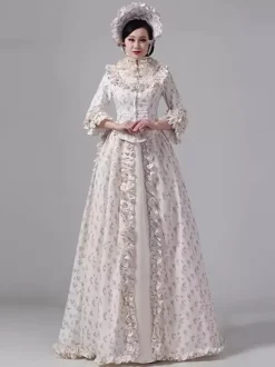 Champagne Bustle Victorian Dress Floral Long Sleeves Countryside Polyester Maxi Retro Dress With Hat