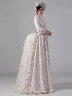 Champagne Bustle Victorian Dress Floral Long Sleeves Countryside Polyester Maxi Retro Dress With Hat