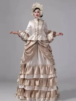 Champagne Bustle Victorian Dress Long Flare Sleeves Ball Maxi Ruffles Retro Dress