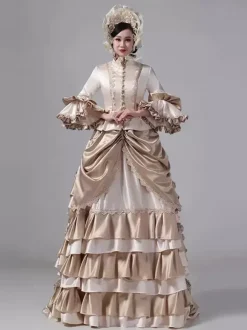 Champagne Bustle Victorian Dress Long Flare Sleeves Ball Maxi Ruffles Retro Dress