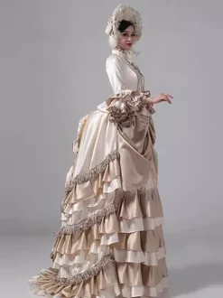 Champagne Bustle Victorian Dress Long Flare Sleeves Ball Maxi Ruffles Retro Dress