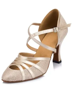 Champagne Dance Shoes Women Peep Criss Cross High Heel Ballroom Shoes Latin Dance Shoes
