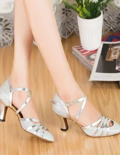 Champagne Dance Shoes Women Peep Criss Cross High Heel Ballroom Shoes Latin Dance Shoes