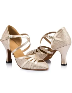 Champagne Dance Shoes Women Peep Criss Cross High Heel Ballroom Shoes Latin Dance Shoes