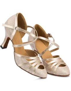 Champagne Dance Shoes Women Peep Criss Cross High Heel Ballroom Shoes Latin Dance Shoes