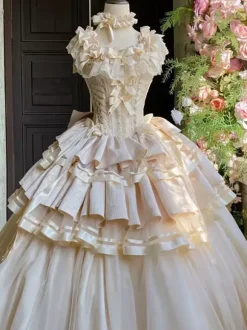 Champagne Fairy Lolita Dresses Lace Up Bows Multi Layers Lolita Tea Party Dress