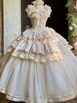 Champagne Fairy Lolita Dresses Lace Up Bows Multi Layers Lolita Tea Party Dress