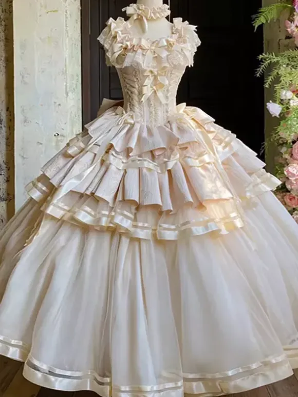 Champagne Fairy Lolita Dresses Lace Up Bows Multi Layers Lolita Tea Party Dress