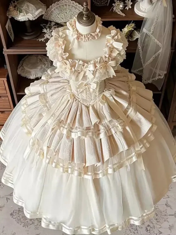 Champagne Fairy Lolita Dresses Lace Up Bows Multi Layers Lolita Tea Party Dress