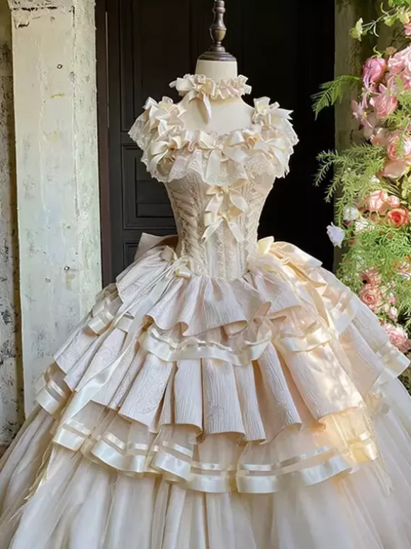Champagne Fairy Lolita Dresses Lace Up Bows Multi Layers Lolita Tea Party Dress